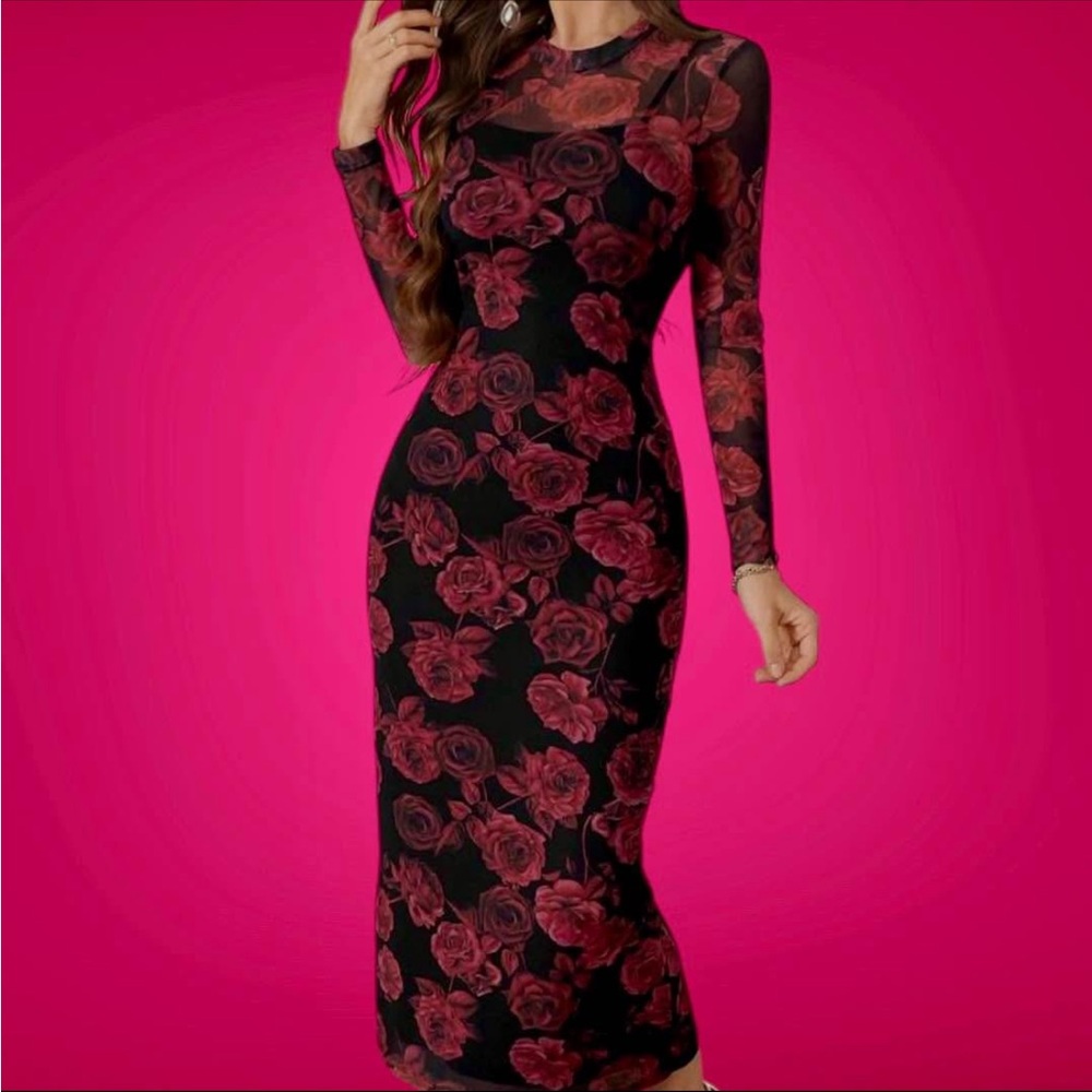 Elegant Black and Red Floral Dress